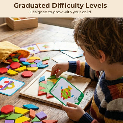 209 PCS Shapes Wooden Pattern Blocks for Kids, Geometric with Activity Cards and Storage Bag, Educational Tangram Puzzles,Great Learning Gift from Parents or Teachers