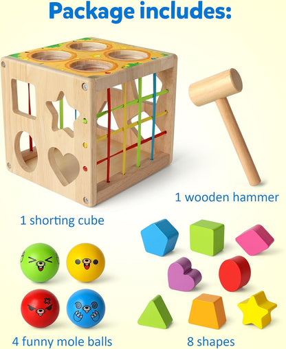 Coogam Wooden Montessori Toys for Toddlers, Shape Sorting Cube Fine Motor Skills Game for Year Old 18 Month+ Baby Boys Girls Gift