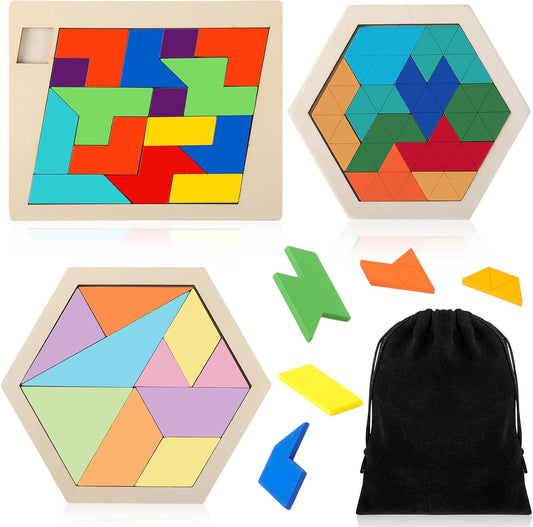 Yunsailing 3 Pack Large Hexagon Tangram Puzzle Wooden Brain Puzzles for Adult Challenge Wood Russian Blocks Brain Teasers Geometric Jigsaw Block Logic Iq Stem Family Graduation Gifts(Vintage)