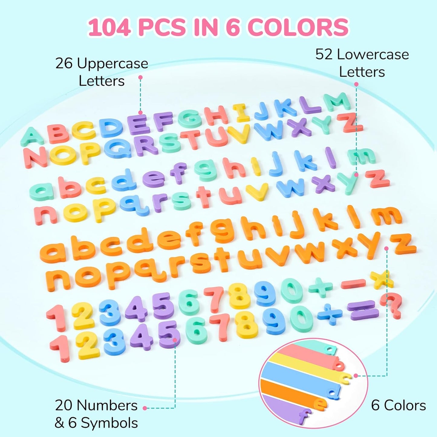 JoyCat Magnetic Letters and Numbers, Uppercase and Lowercase Alphabet Fridge Magnets, Preschool Educational Learning Plastic ABC 123 Colorful Toy Set, Math Symbols for Toddlers, Kids (104 PCS)