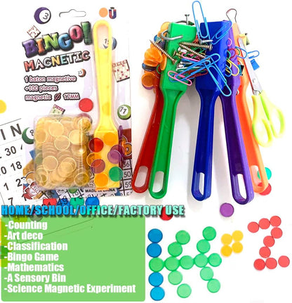 Magnetic Bingo Wand with Metal Ringed Chips for Counting School/Game Chips Plastic Markers Education STEM Tool for Students