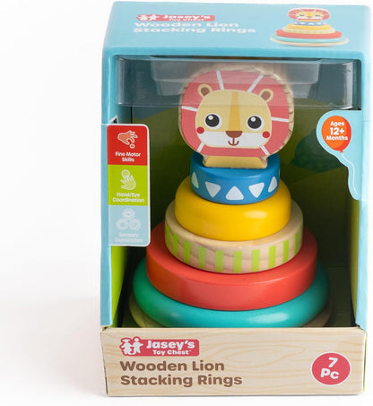 Jasey's Toy Chest Lion Stacking Rings | 7-Piece Wooden Stacker Toy with Colorful Rings & Lion Topper | Educational Toy for Toddlers Ages 12+ Months