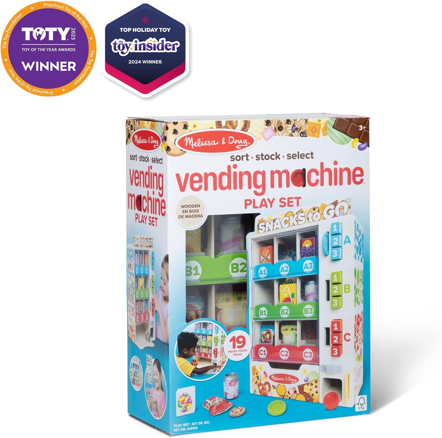 Melissa & Doug Sort-Stock-Select Wooden Vending Machine Toy with Play Food, Mini Vending Machine Toys & Play Money, Preschool Toys for Kids Ages 3+