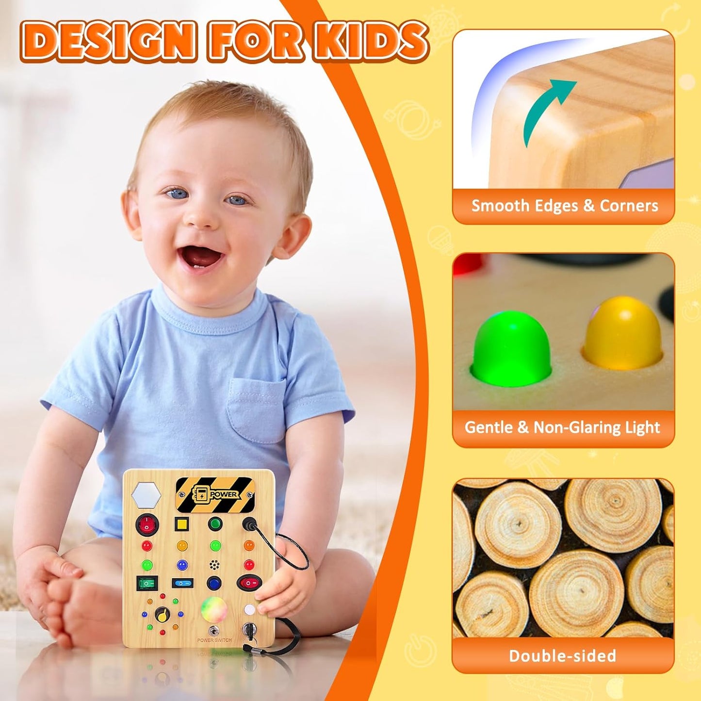TINTECUSA Busy Board Montessori Toys for Toddler, Wooden Sensory Board Switch Toy with Shape Sorter LED Light Up Toys Educational Plane Travel Activity for Girls & Boys