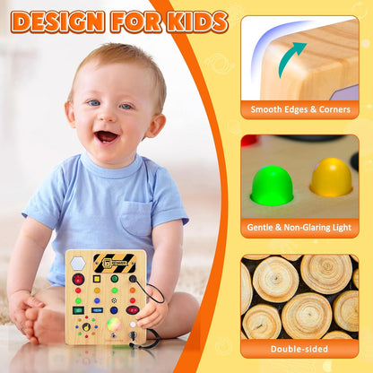 TINTECUSA Busy Board Montessori Toys for Toddler, Wooden Sensory Board Switch Toy with Shape Sorter LED Light Up Toys Educational Plane Travel Activity for Girls & Boys