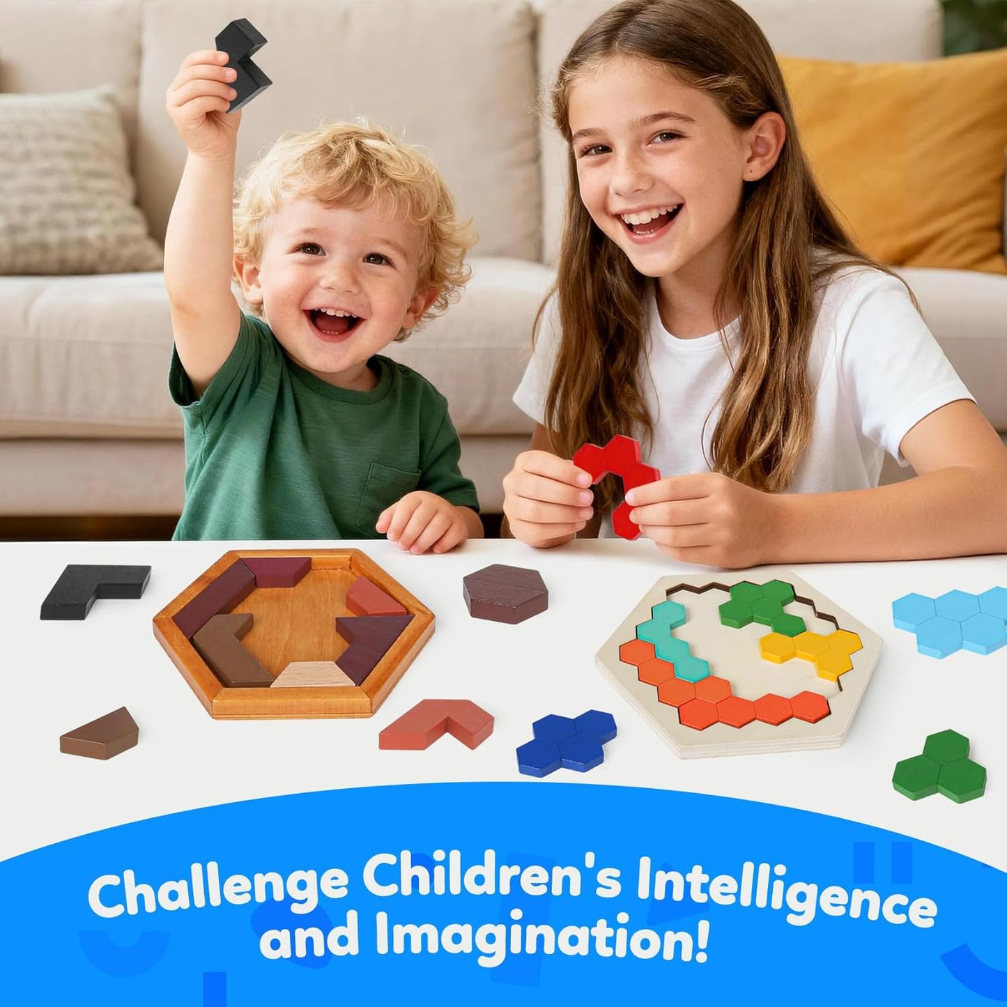 Skrtuan 5 Pack Wooden Puzzles Set - STEM Montessori Educational Board Games and Logic Traning Brain Teaser Geometric Shapes Tangram Puzzle Games for Kids Ages 3+