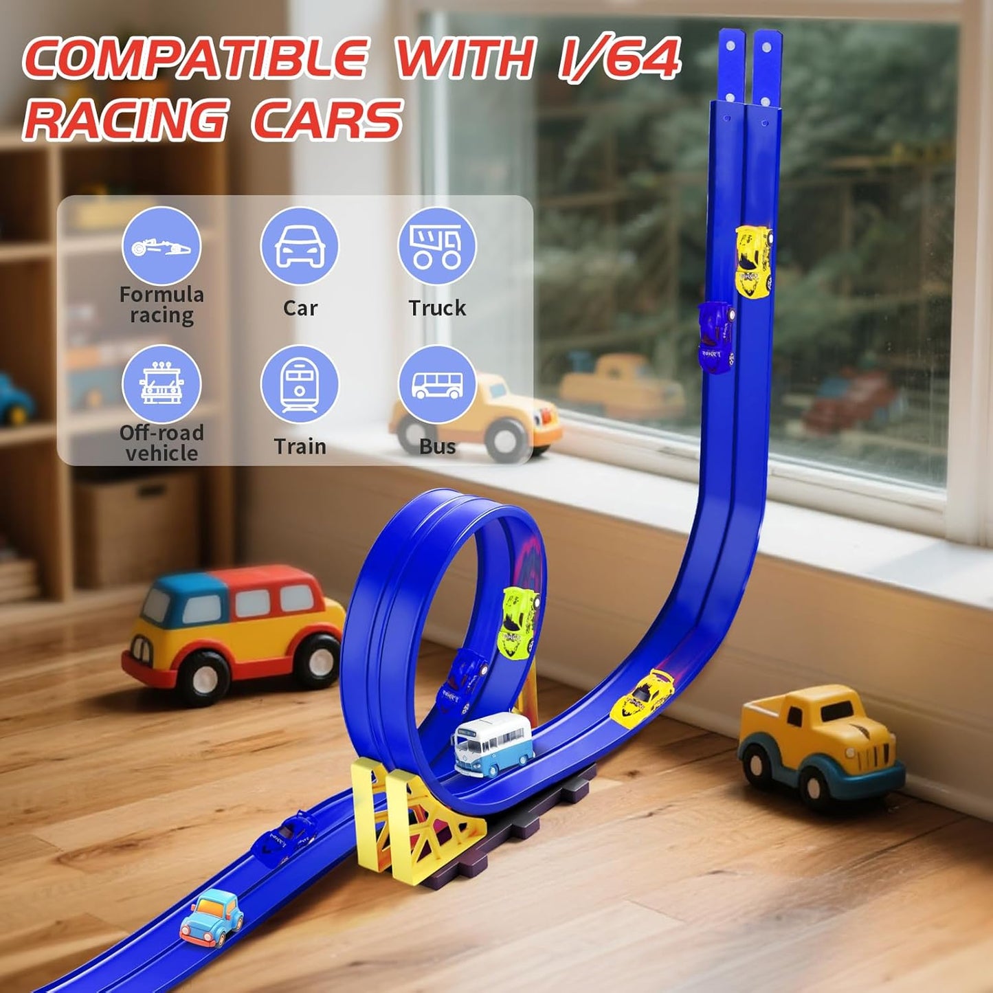 16.5ft Build Anywhere Portable Race Track with Suction Cups - Flexible Roll-Up Design Fits 1/64 Scale Cars, Portable Toy Gift for Kids 4+ Year Old (3 Tracks/Red)