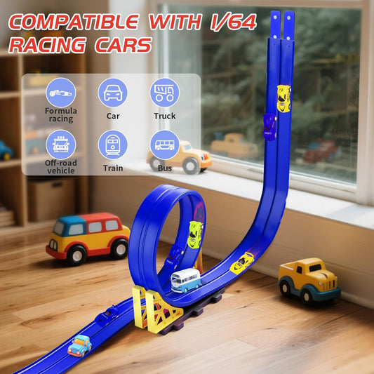 16.5ft Build Anywhere Portable Race Track with Suction Cups - Flexible Roll-Up Design Fits 1/64 Scale Cars, Portable Toy Gift for Kids 4+ Year Old (3 Tracks/Red)