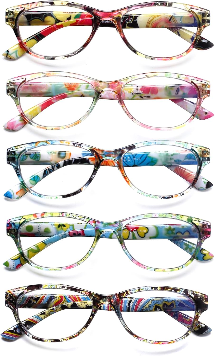 SIGVAN Ladies Cat Eye Reading Glasses 5 Pairs Blue Light Blocking Spring Hinge Fashion Pattern Print Readers for Women