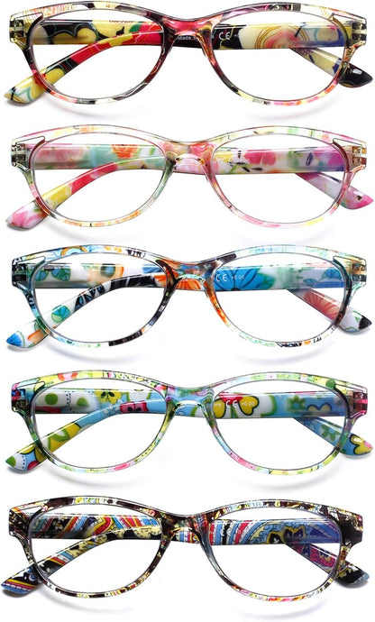 SIGVAN Ladies Cat Eye Reading Glasses 5 Pairs Blue Light Blocking Spring Hinge Fashion Pattern Print Readers for Women