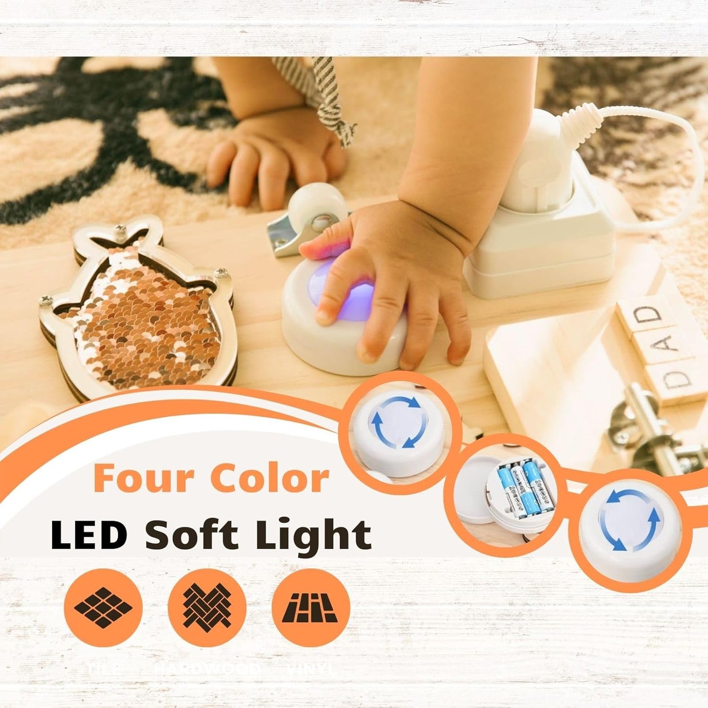 4 Pieses Busy Board DIY Accessories for Toddlers - Sensory Board Light Parts - Socket with Plug - Switch-LED Puck Light-Timer- Montessori l Toys- Early Development Items