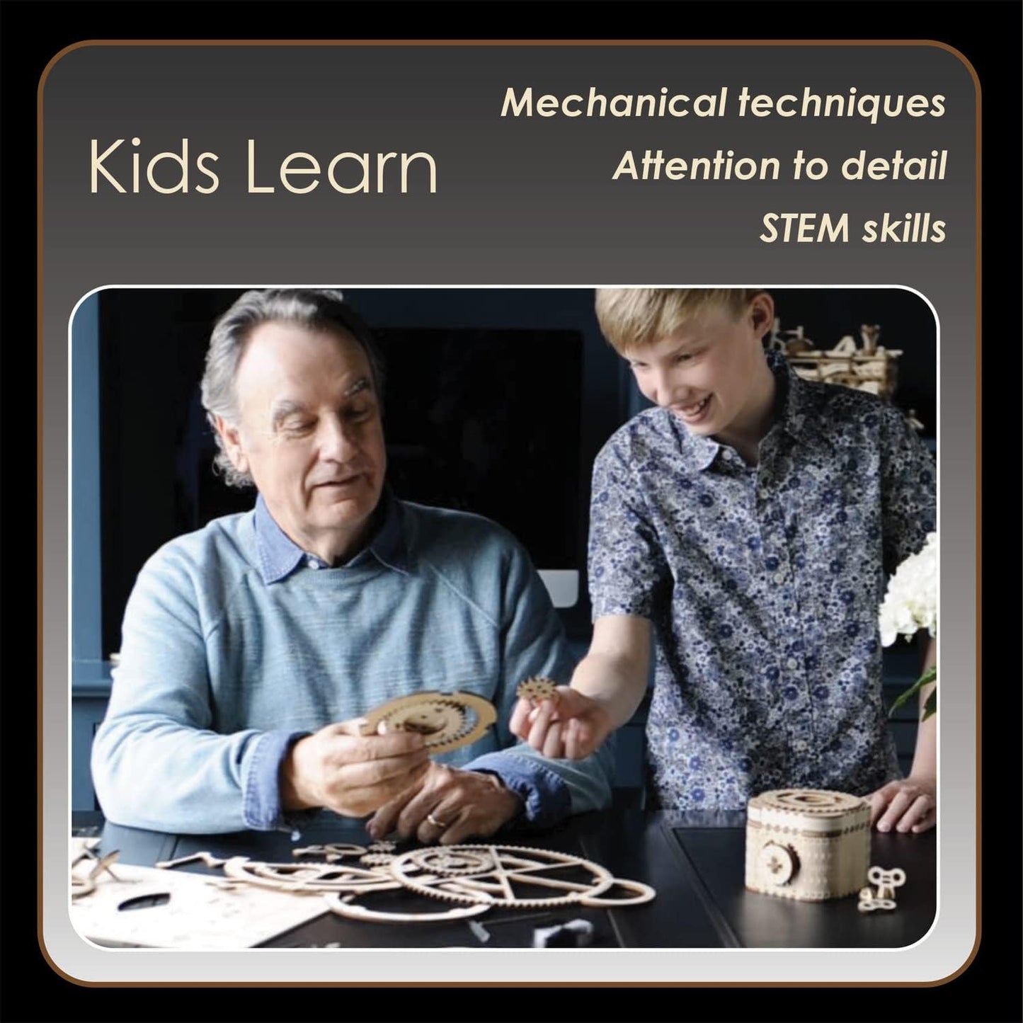 MindWare Gearjits Clock – 3D Wooden Mechanical Model Kit for Teens and Adults, Build Your Own Working Clock witj Moving Gears