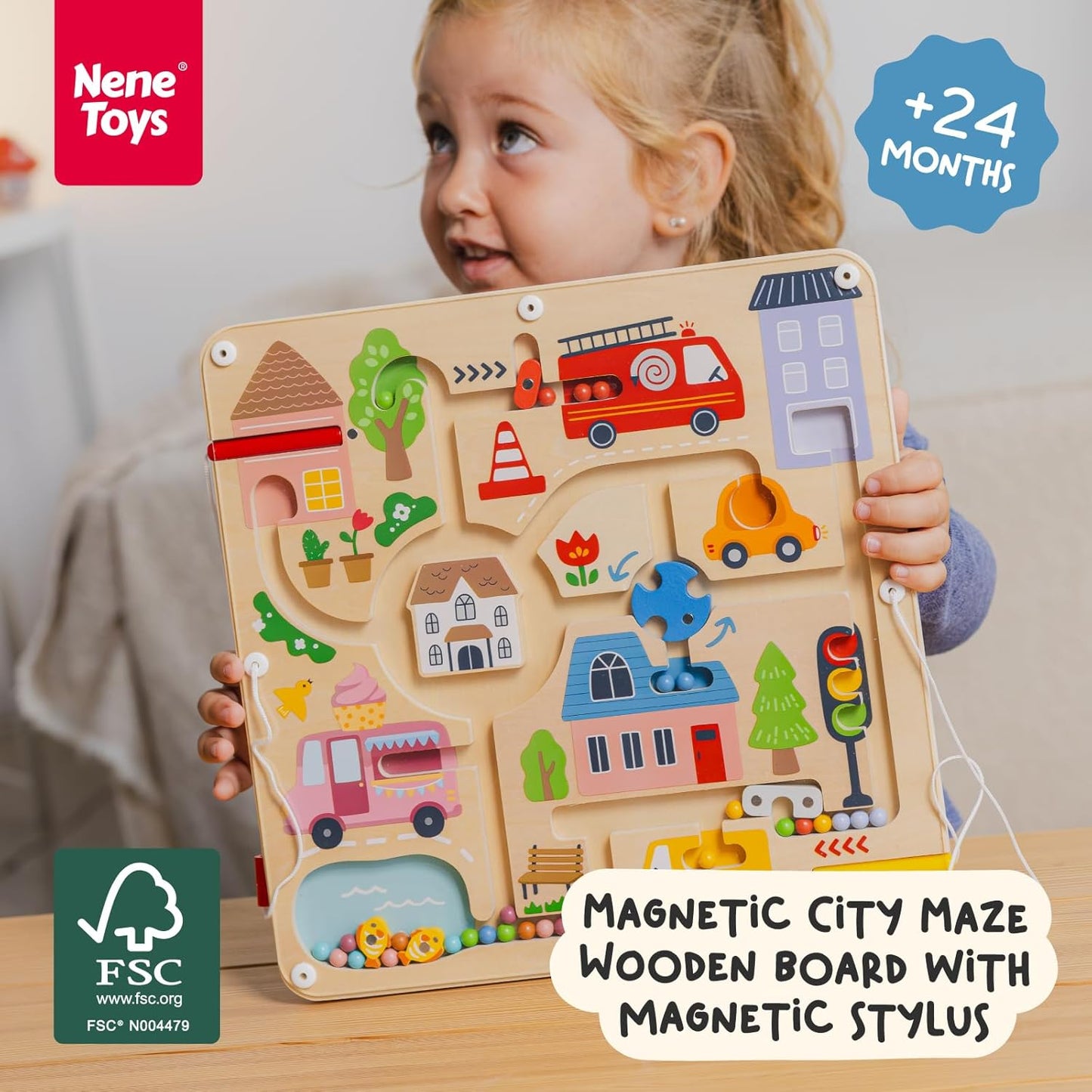 Nene Toys Magnetic Maze Board – Toddler Travel Toy 2+ – Montessori Busy Board Alternative – Bead Maze Puzzle with Tethered Stylus – Quiet Car/Plane Activity – Fine Motor Skills, Hand-Eye Coordination