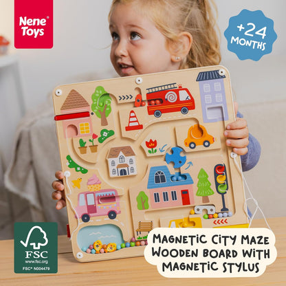 Nene Toys Magnetic Maze Board – Toddler Travel Toy 2+ – Montessori Busy Board Alternative – Bead Maze Puzzle with Tethered Stylus – Quiet Car/Plane Activity – Fine Motor Skills, Hand-Eye Coordination