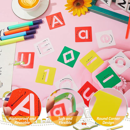 72 Pieces Preschool Letters and Numbers Alphabet Stencils Colorful Double Sided Tracing Board PET Paint Boards for Painting with 4 Pieces Craft Markers Marker Paint Pens Preschool Learning Toys