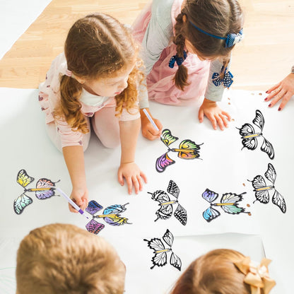 Seenelling 44 Pcs Flying Butterfly Craft Kit with 32 Wind up Butterflies and 12 Color Pens People Painting White Paper Butterflies DIY Toy for Party Game School Activity Birthday Gift (Style 3)