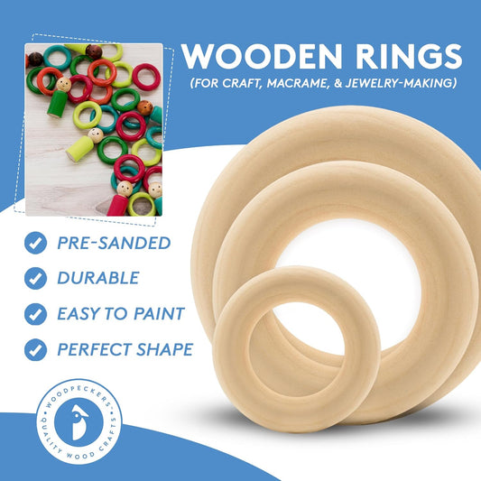 Wood Rings for Crafts 3 Inch, Pack of 5 Unfinished Wooden Rings for Macrame and Jewelry-Making, by Woodpeckers