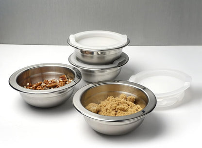 RSVP International Kitchen Prep Bowl Collection, Stainless Steel, Dishwasher Safe, Cup & Lid, 4 Piece, 3-ounce