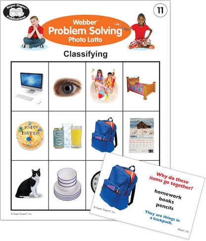 Super Duper Publications | Webber® Problem Solving Bingo, Inferencing, Sequencing, Analogies, Classifying, Predicting, and What Doesn't Belong Cards | Educational Resource for Children