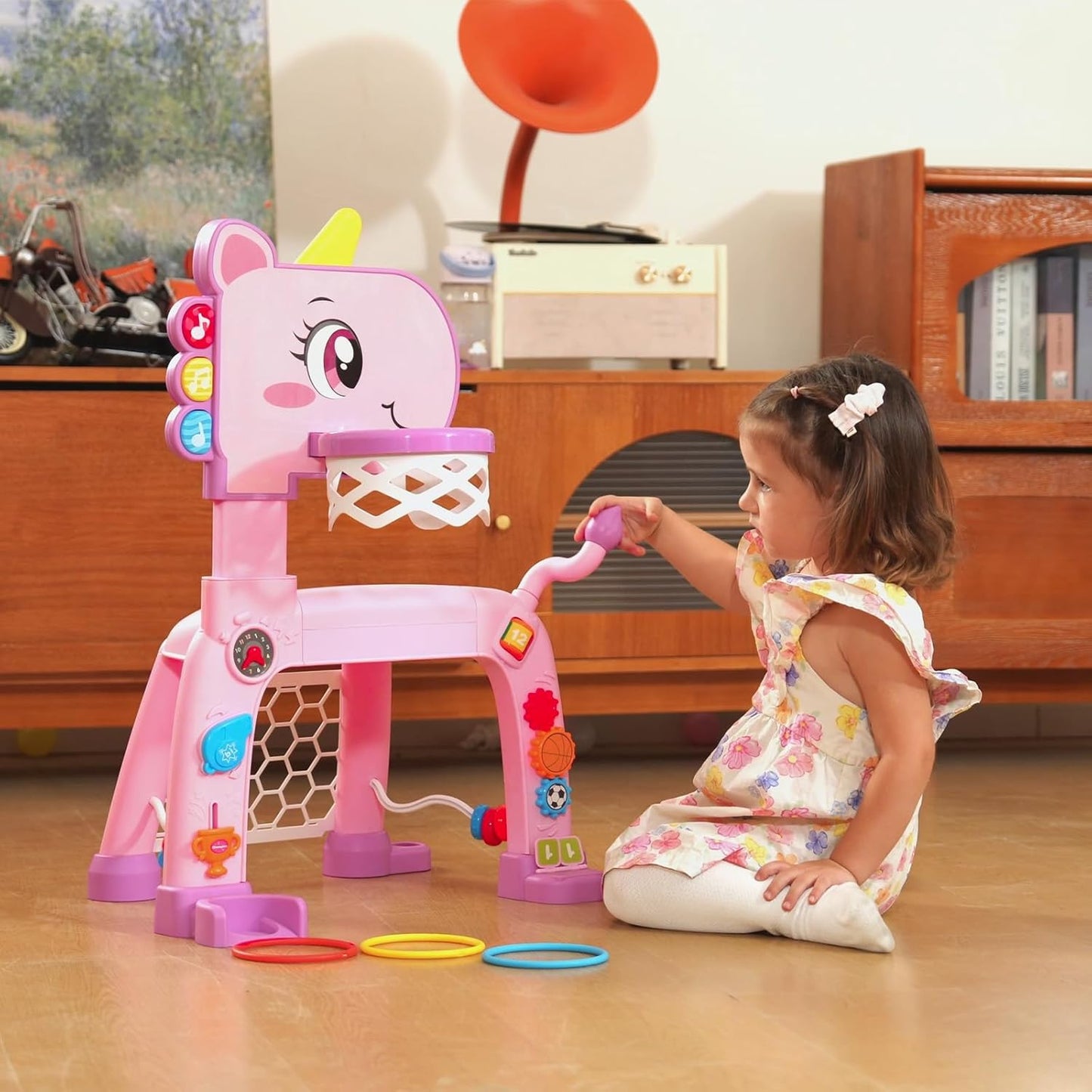4 in 1 Toddler Basketball Hoop & Soccer Goal, Kids Sports Toy for 1 2 3 Years Old Girls Boys, Baby Toy with Sound & Light, Birthday Gift for 12-18 Months, Pink