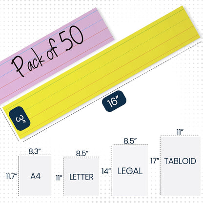 Essex Wares - 50 Pack - White - 16" Wide x 3" Tall Dry Erase Sentence Strips - Sentence Strips Cardstock - Reusable & Double Sided (Ruled & Blank) Sentence Strips for The Classroom, Home, Office