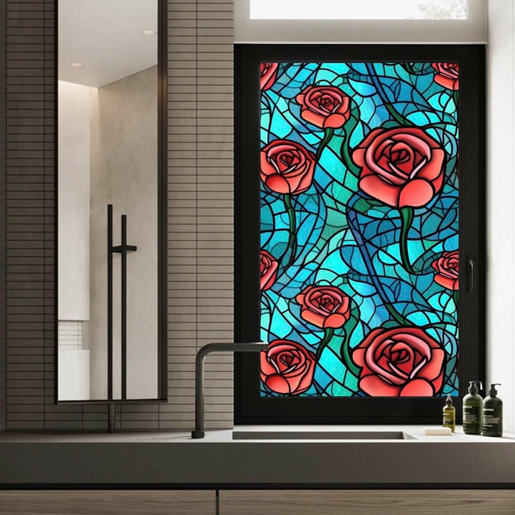 JOONOR Privacy Window Film Stained Glass Window Sticker Non-Adhesive Frosted Glass Film Decorative Magnolia Flower Pattern Static Cling Decals for Home UV Blocking/Heat Insulation 17.7 x 39.4 Inch