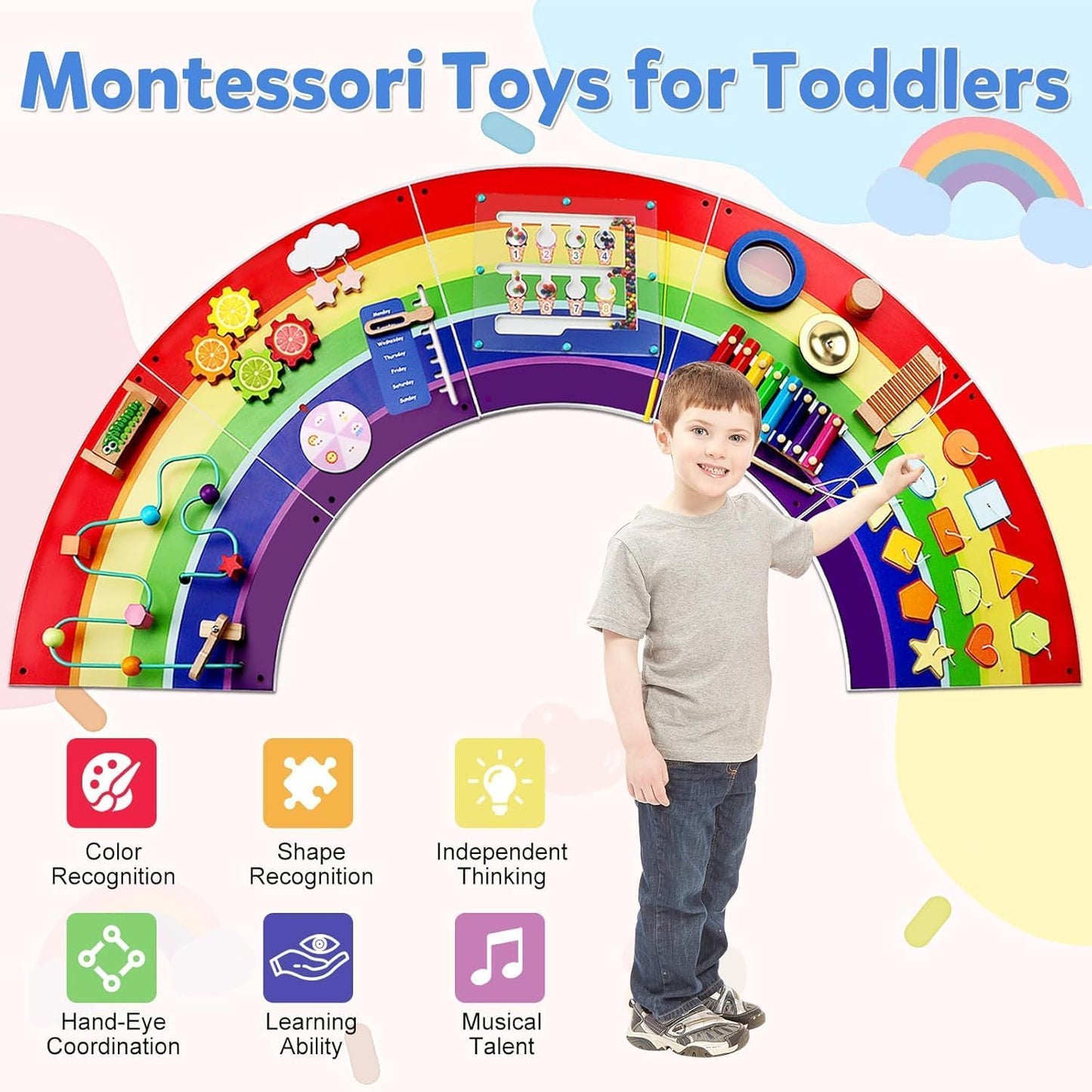 Rainbow Wall Busy Board for Kids: Wooden Montessori Activity Panel | 13-in-1 Sensory Learning Toys for Fine Motor Skills - Playroom & Nursery Essentials for Toddlers