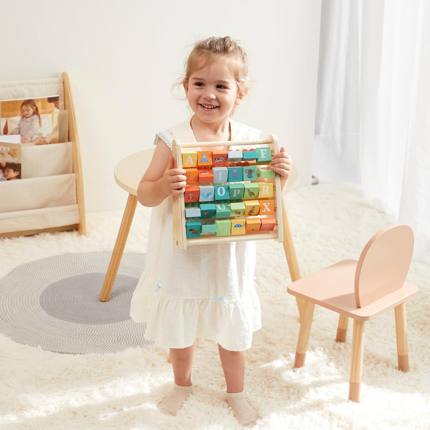 FReniland Wooden Activity Cube - Double-Sided Abacus & Alphabet Flip Tiles for Toddlers 18M+, Educational Learning Toy for Math and ABC Fun