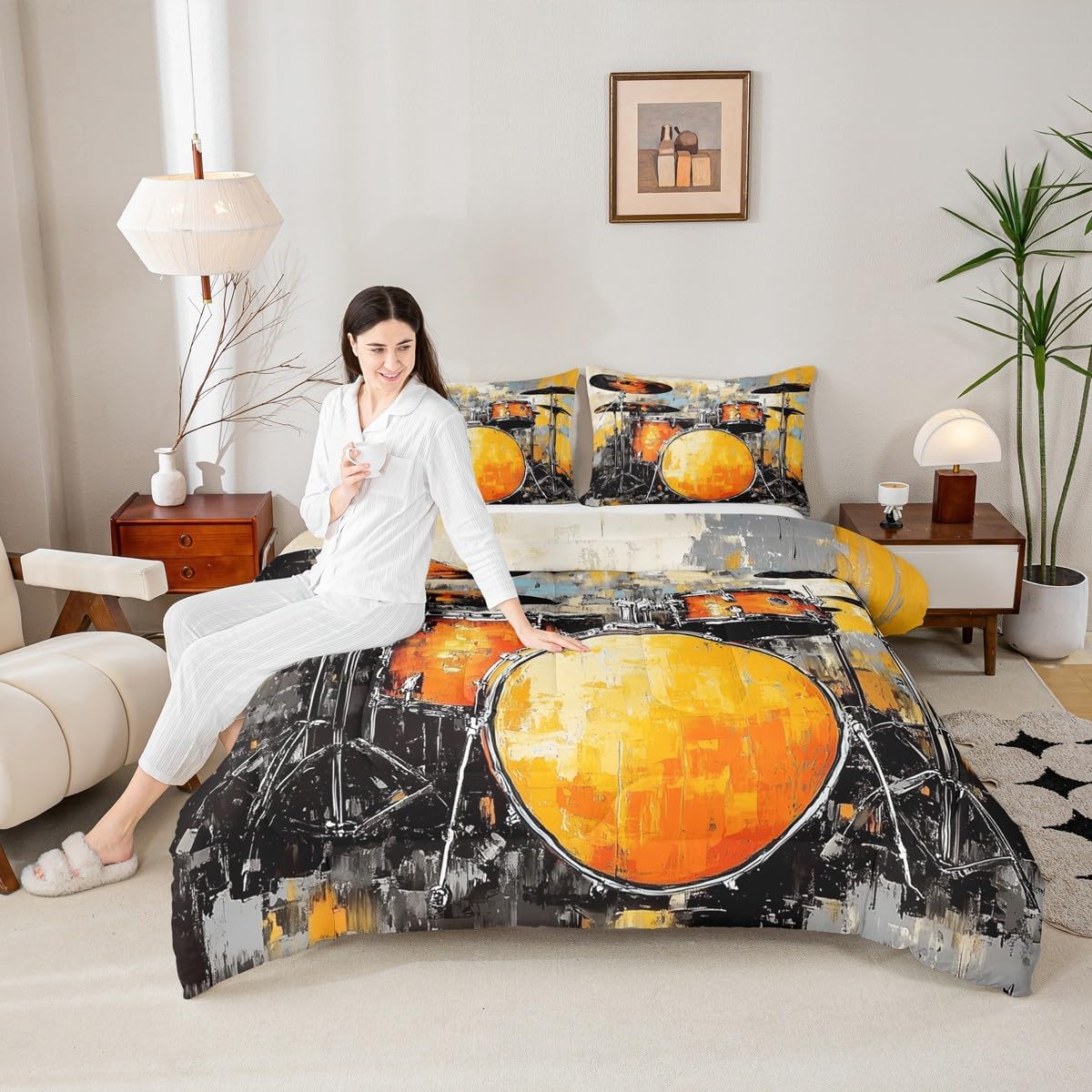 Erosebridal Drum Kit 3D Print Kids Comforter Sets Rock Music Themed Full Bedding Set for Boys Girls Musical Pattern Comforter Set,Colorful Retro Style Quilt Duvet 3 Pcs