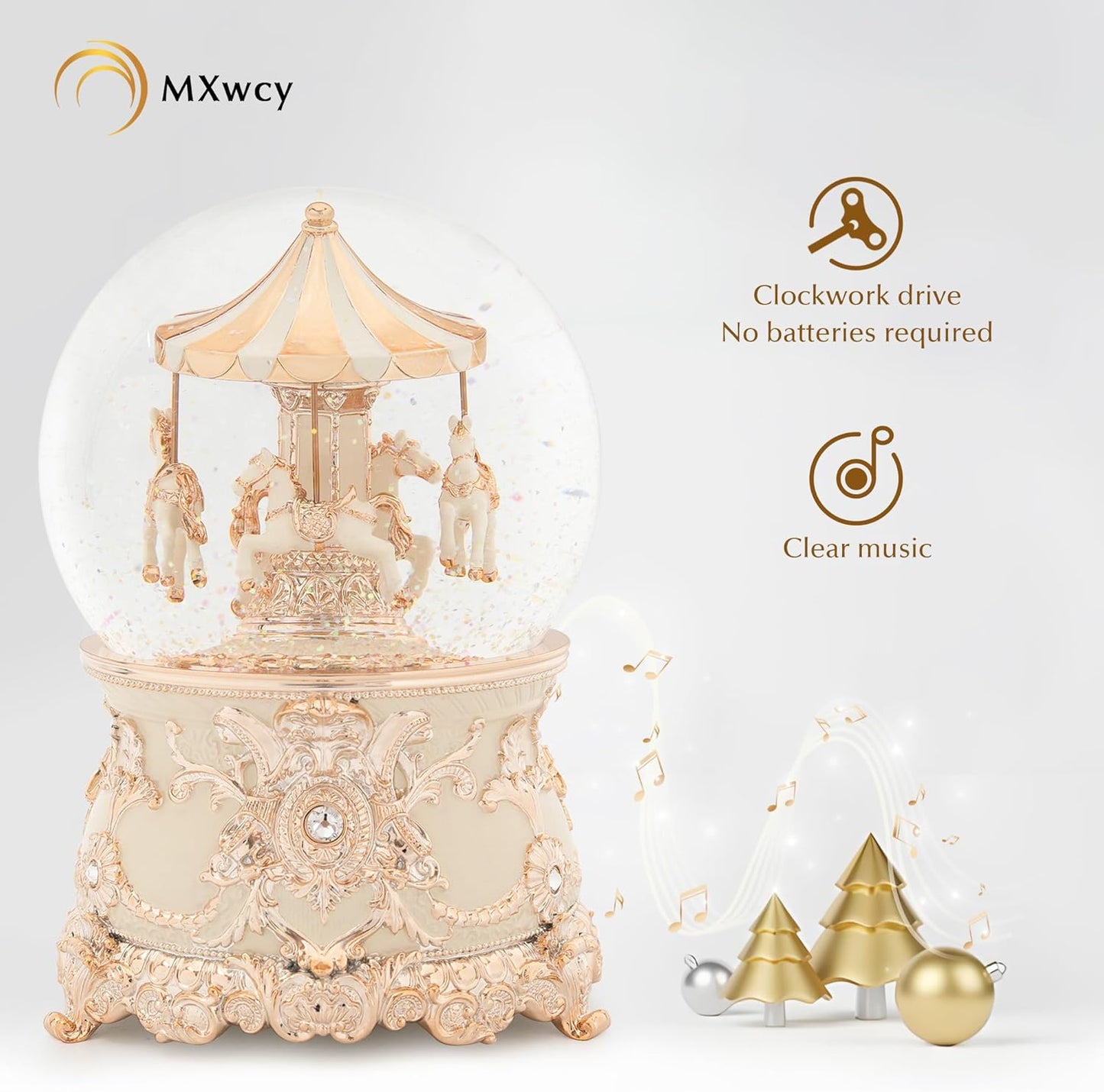 Carousel Music Box Gold & Ivory Christmas Snow Globes, 8.3" Rotate Carousel Snow Globe for Kids & Adults, Classic Wind up Musical Snow Globe Birthday Gifts for Women Girls, Carousel Horse Home Decor