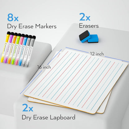 Nicpro Dry Erase Board with Lines 12 x 16 in, 2 Pack Kid Double Sided Lined White Board Dry Erase with 8 Pens, 2 Eraser, Small Learning Whiteboards for Kids, Students, Homeschool Essentials Supplies