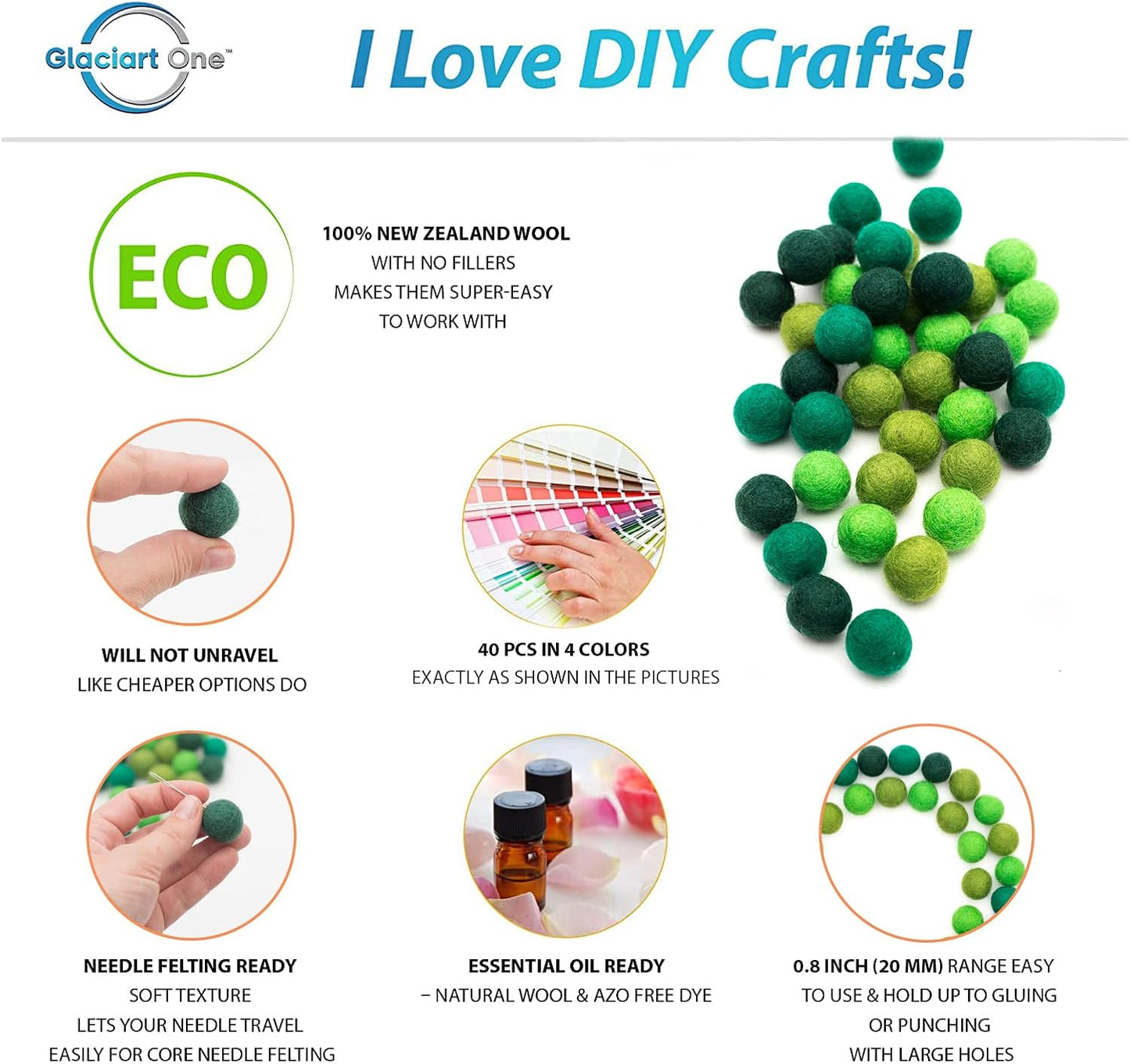 Glaciart One Felt Wool Balls, Felt Pom Poms (40 Pieces) 2 Centimeters - 0.8 Inch, Handmade Felted Green Colors - Bulk Small Puff for Felting and Garland