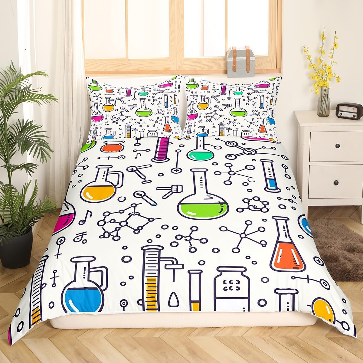 Erosebridal Chemistry Bedding Set Chemical Equation Comforter Cover for Kids Boys,Science Students Duvet Cover Test Tube Microscope Chemical Equipment Bed Set Full,Science Educational Dorm Room Decor
