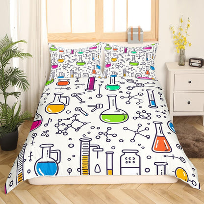 Erosebridal Chemistry Bedding Set Chemical Equation Comforter Cover for Kids Boys,Science Students Duvet Cover Test Tube Microscope Chemical Equipment Bed Set Full,Science Educational Dorm Room Decor