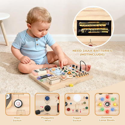 Sanlebi LED Busy Board for Toddlers 1-3,Montessori Toy with Key Switch, Light Up Wood Activity Sensory Board for Fine Motor Skills, Educational Travel Toy Gift for 1 2 3 Year Old Boys Girl