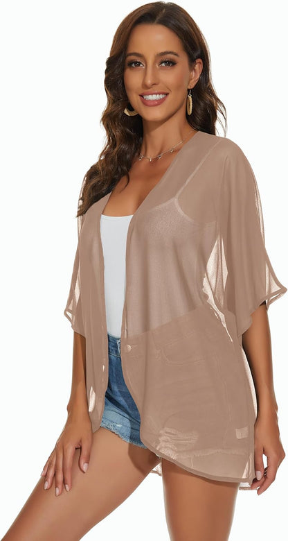 Womens Kimono Cardigans Beach Cover ups Swimwear Puff Sleeve Loose Casual Summer Tops 2026