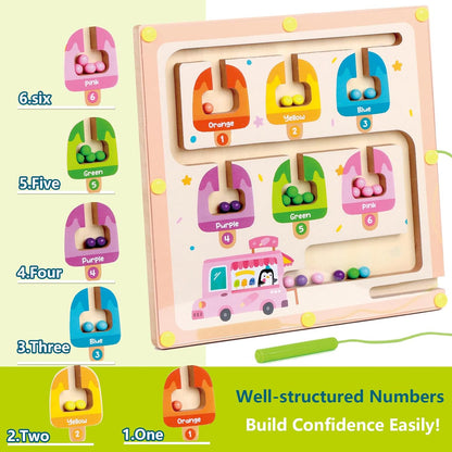 QimuMku Montessori Busy Board for Toddlers 2-4 - Magnetic Color and Number Maze Wooden Ice Cream Matching Game 1-6 Counting Learning Toys for Boys Girls Road Trip Essentials