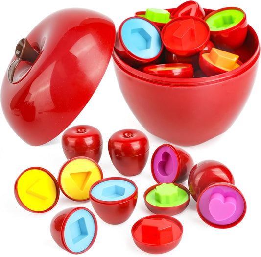 Montessori Apple Shape Sorter Toy, Educational Color Sorting Matching Game for Fine Motor Skills, 2-in-1 Sensory Learning Toy and Storage Bin, Sensory Developmental Toy