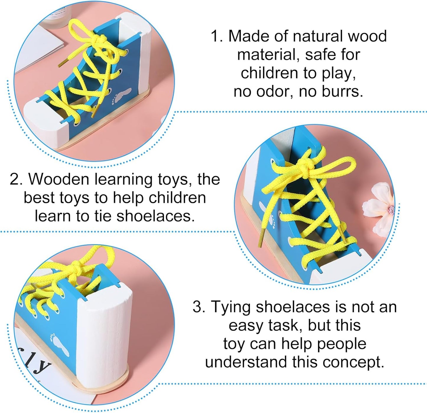 Learn to Tie Shoes for Kids Wooden Lacing Sneaker Educational Toy Safe & Reusable Wooden Shoe Tying Practice Kit Wood Lacing Sneaker Toy for Tie-Up Shoe Practice Threading Montessori Toys(Blue)
