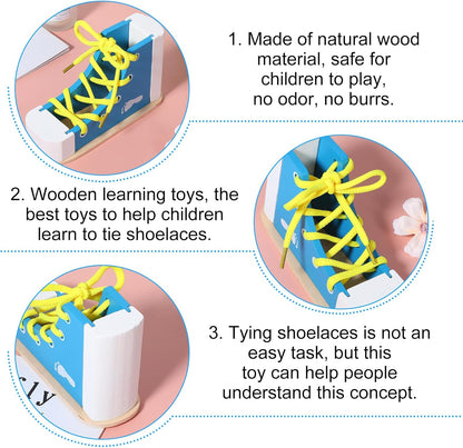 Learn to Tie Shoes for Kids Wooden Lacing Sneaker Educational Toy Safe & Reusable Wooden Shoe Tying Practice Kit Wood Lacing Sneaker Toy for Tie-Up Shoe Practice Threading Montessori Toys(Blue)
