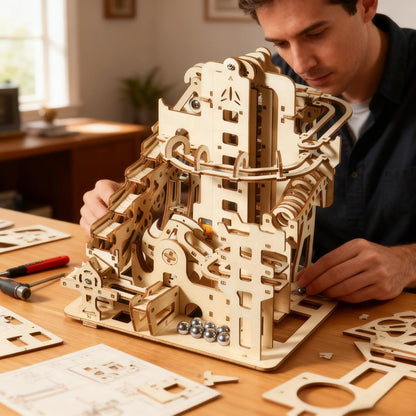Adult 3D Wooden Spiral Walkway Marble Run Assembly Kit, DIY Mechanical Model Building Set, Educational STEM Puzzle Desktop Toy, Birthday Gift for Teens Aged 14 and up, All-new Upgraded Deluxe Edition