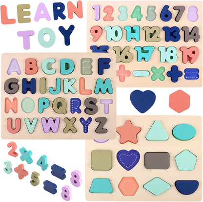 Wooden Puzzles for Toddlers, Voamuw Alphabet Number Shape Learning Puzzle for Kids Ages 3 4 5, Montessori Toys Preschool Education Chunky Jigsaw for Boys and Girls