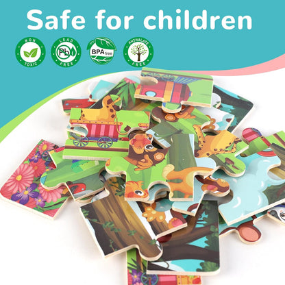 Wooden Puzzles Toys for Kids Ages 3-5, Set of 4 Packs with 20-Piece Farm, Animals Theme Wood Jigsaw Puzzles, Preschool Educational Brain Teaser Toys for Boys and Girls 3-6 Years Old.