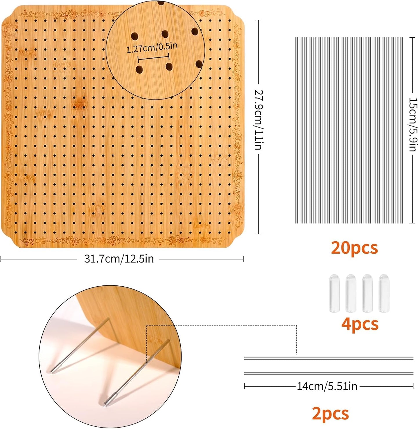 CraftyManor 7.6 in Blocking Boards for Crochet Projects with Rose Pattern, Crochet Blocking Board with Pegs, Granny Square Blocking Board with 20 Stainless Steel Pegs, Bamboo