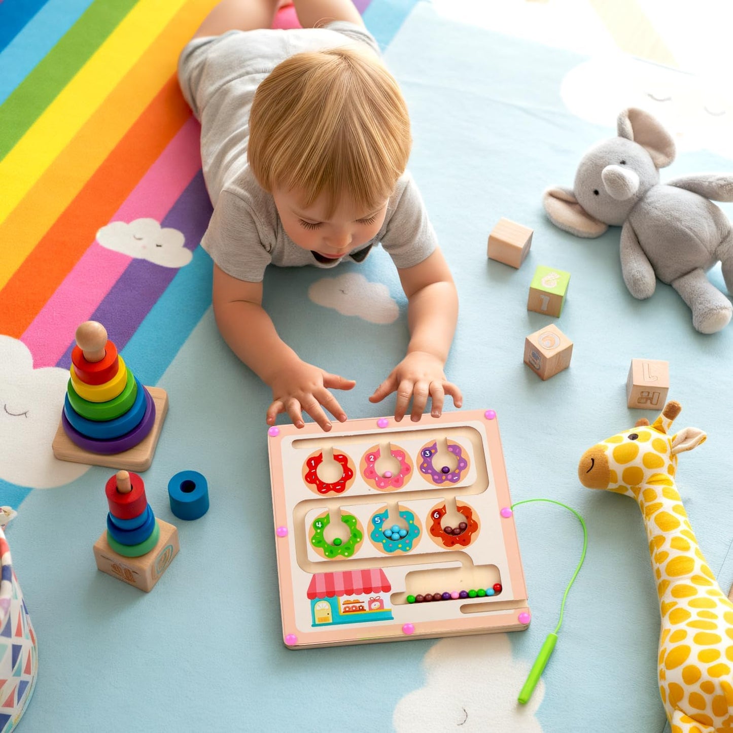 QimuMku Montessori Busy Board for Toddlers 2-4 - Magnetic Color and Number Maze Wooden Ice Cream Matching Game 1-6 Counting Learning Toys for Boys Girls Road Trip Essentials
