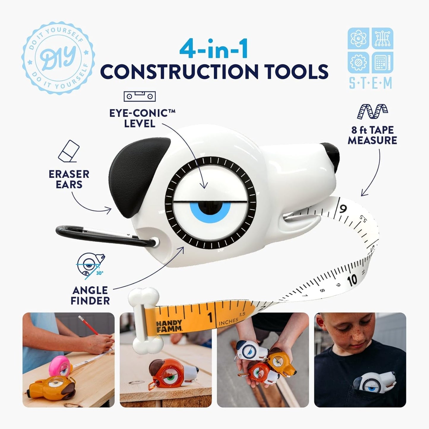 Handy Famm Roscoe the Dog 4-in-1 Kids Tape Measure with Adjustable Level Eye, Angle Finder & Eraser Ears – Montessori STEM Educational Toy for Children Ages 3+, Real Measuring Tool for Learning