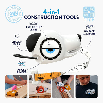 Handy Famm Roscoe the Dog 4-in-1 Kids Tape Measure with Adjustable Level Eye, Angle Finder & Eraser Ears – Montessori STEM Educational Toy for Children Ages 3+, Real Measuring Tool for Learning