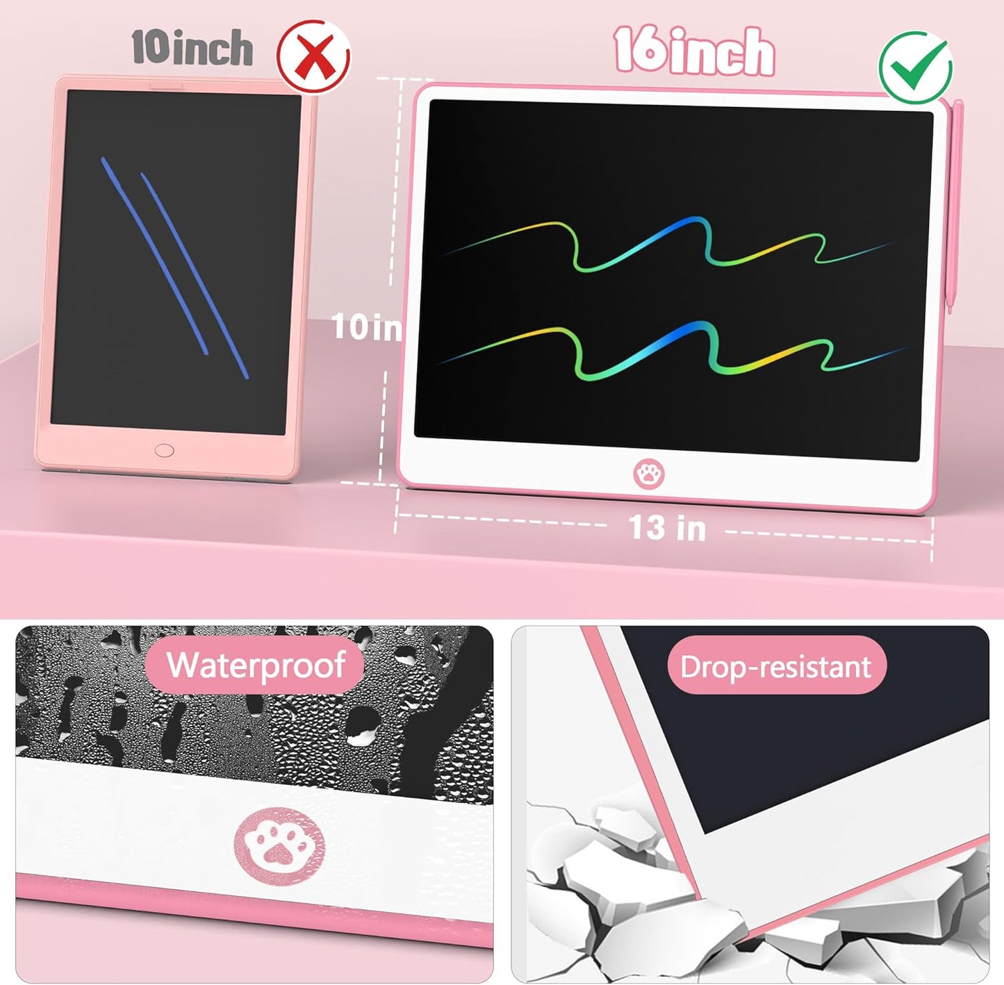 Hockvill LCD Writing Tablet for Kids 16 Inch, Toys for Girls Boys Drawing Pad for 3 4 5 6 7 Year Old Kids Toys, Christmas Birthday Gift for Kids, Toddler Doodle Board Travel Essentials - Pink