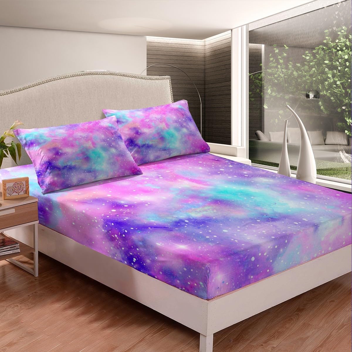 Manfei Musical Kids Fitted Sheet Full Size, MusicalGuitar Radio Drum Kit Headset Print Bedding Set 3pcs for Boys Girls, Rock Music Bed Cover with 2 Pillowcases, Soft Polyester Bedding, No Top Sheet
