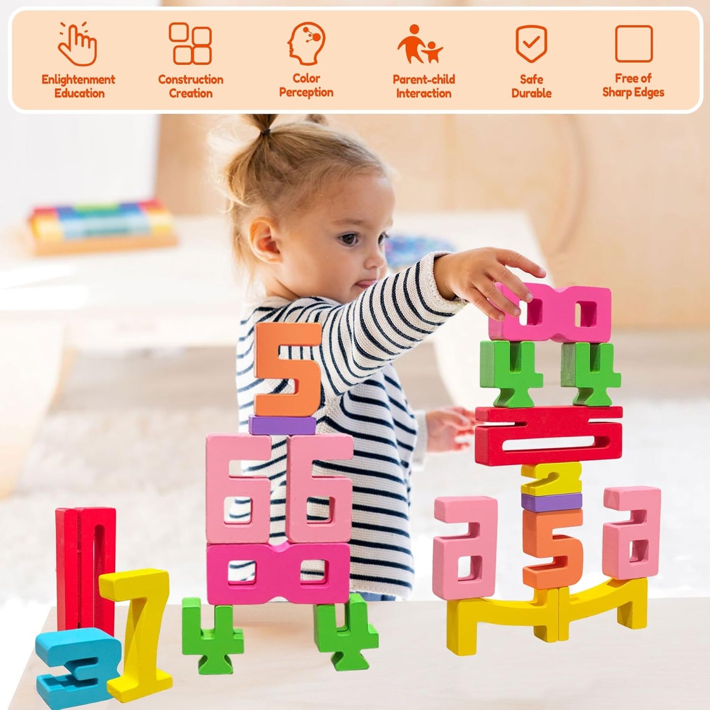 20Pcs Wooden Number Building Blocks,Montessori Number Blocks Math Learning Digital Building Blocks Digital Educational Counting Learning Toys for Parent-Child Interaction Skills Valentines Day Gifts